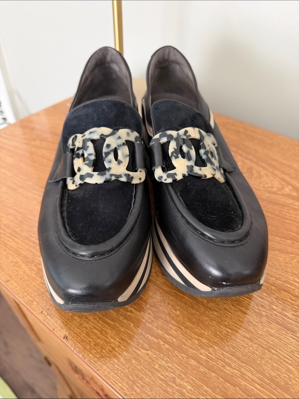 Black Leather & Suede Women's Slip-On Loafers with Tortoiseshell Accent